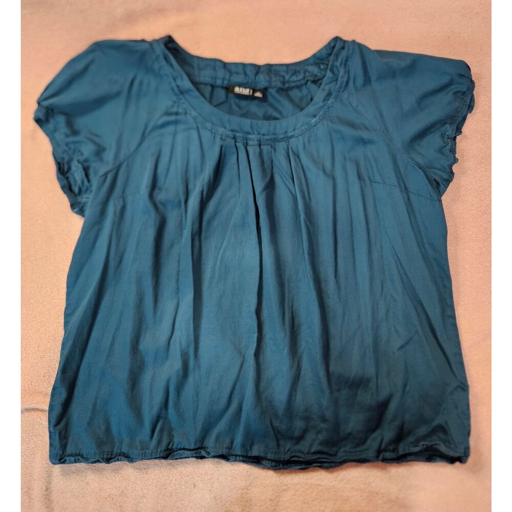 a.n.a Woman Plus Sz 3X Teal 100% Cotton Sateen Pleated Neck Cap Sleeve Blouse